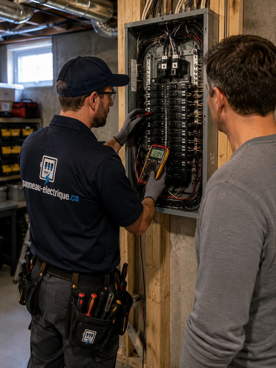 Technicien vérifiant la tension d'un panneau électrique ouvert devant un client, au sous-sol