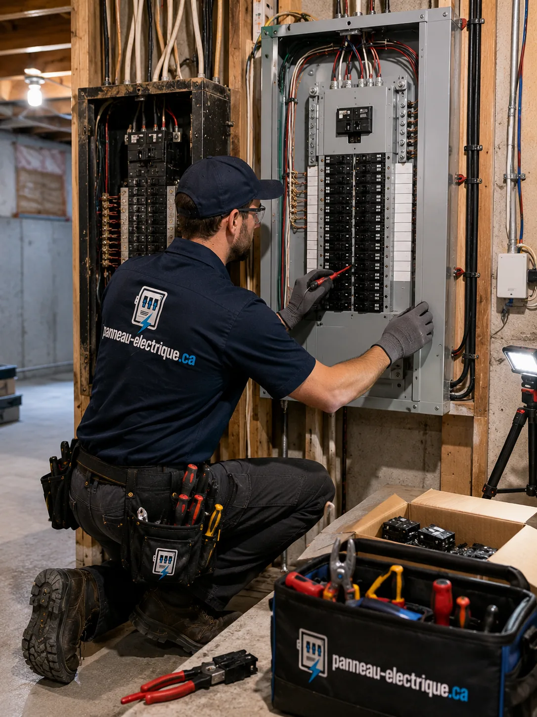 Remplacement de panneau électrique : l'ancien panneau à côté du nouveau panneau installé