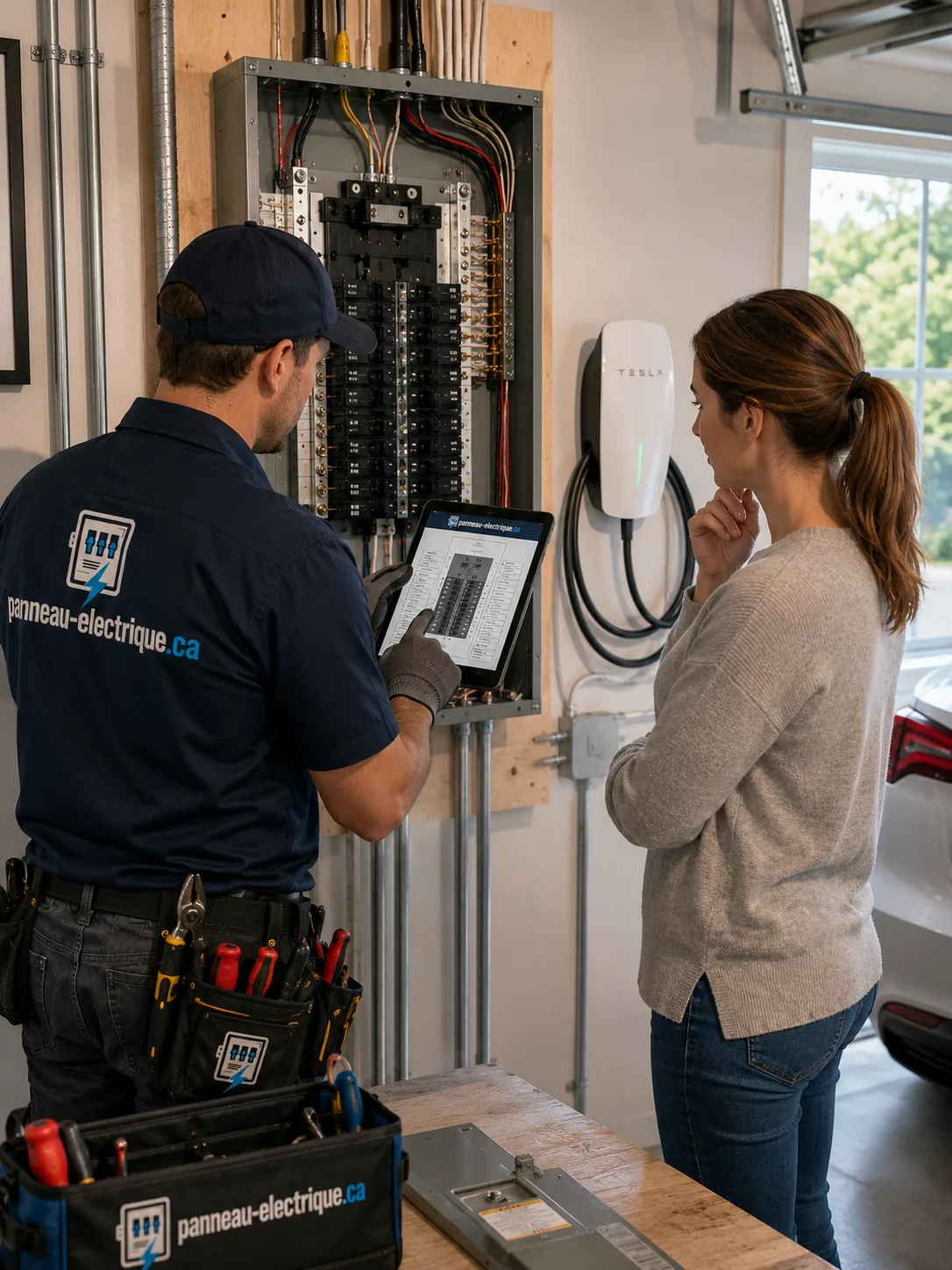 Technicien consultant le plan d'un panneau sur tablette dans un garage équipé d'une borne de recharge
