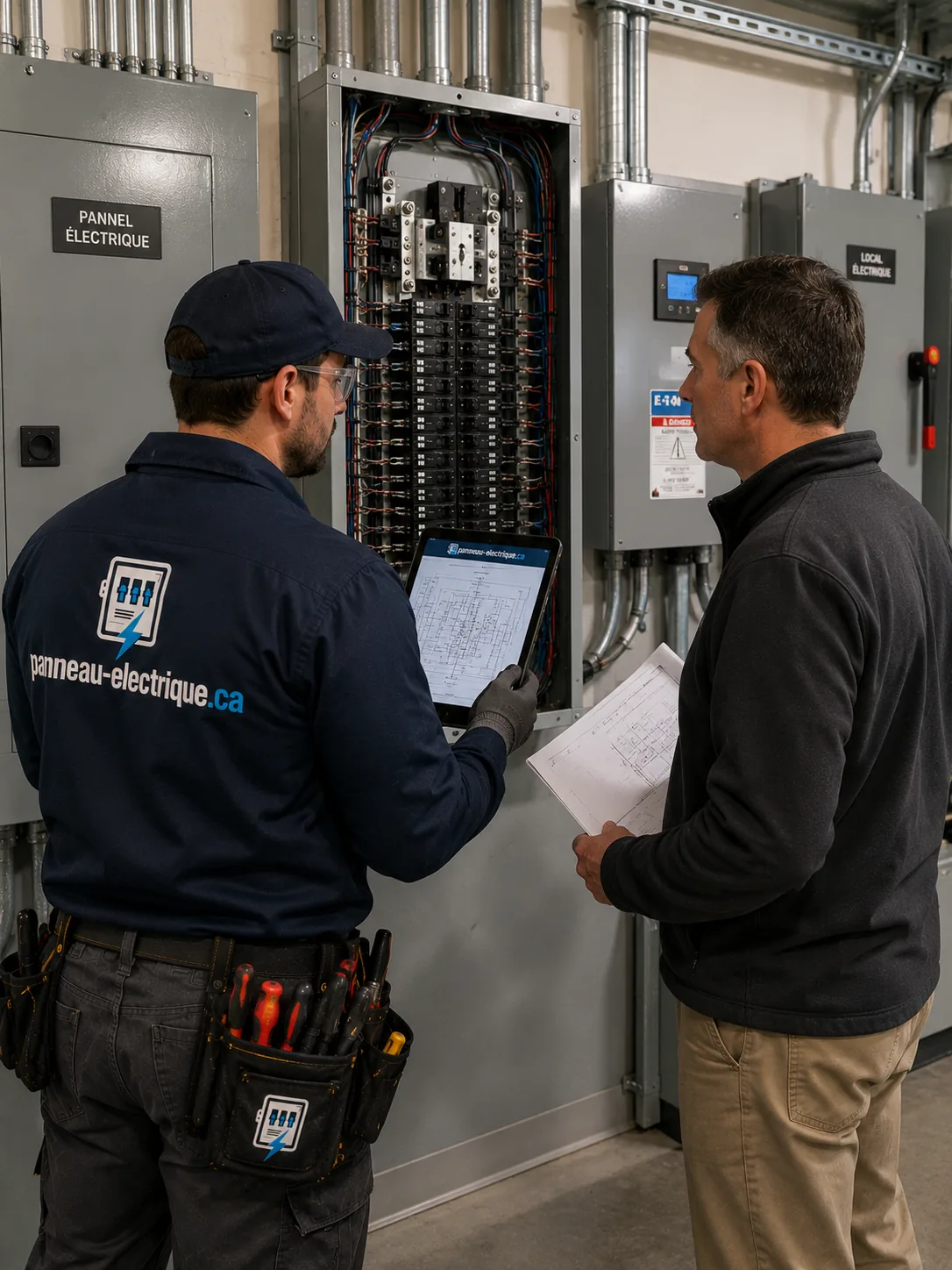 Panneau de distribution ouvert dans le local électrique d'un bâtiment commercial