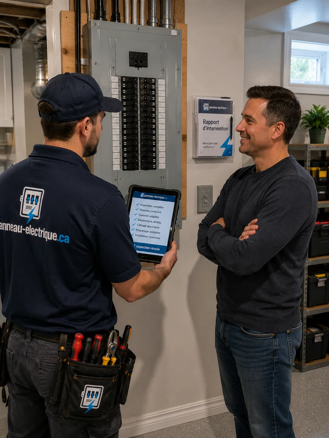 Technicien présentant un rapport d'inspection de panneau électrique à un client
